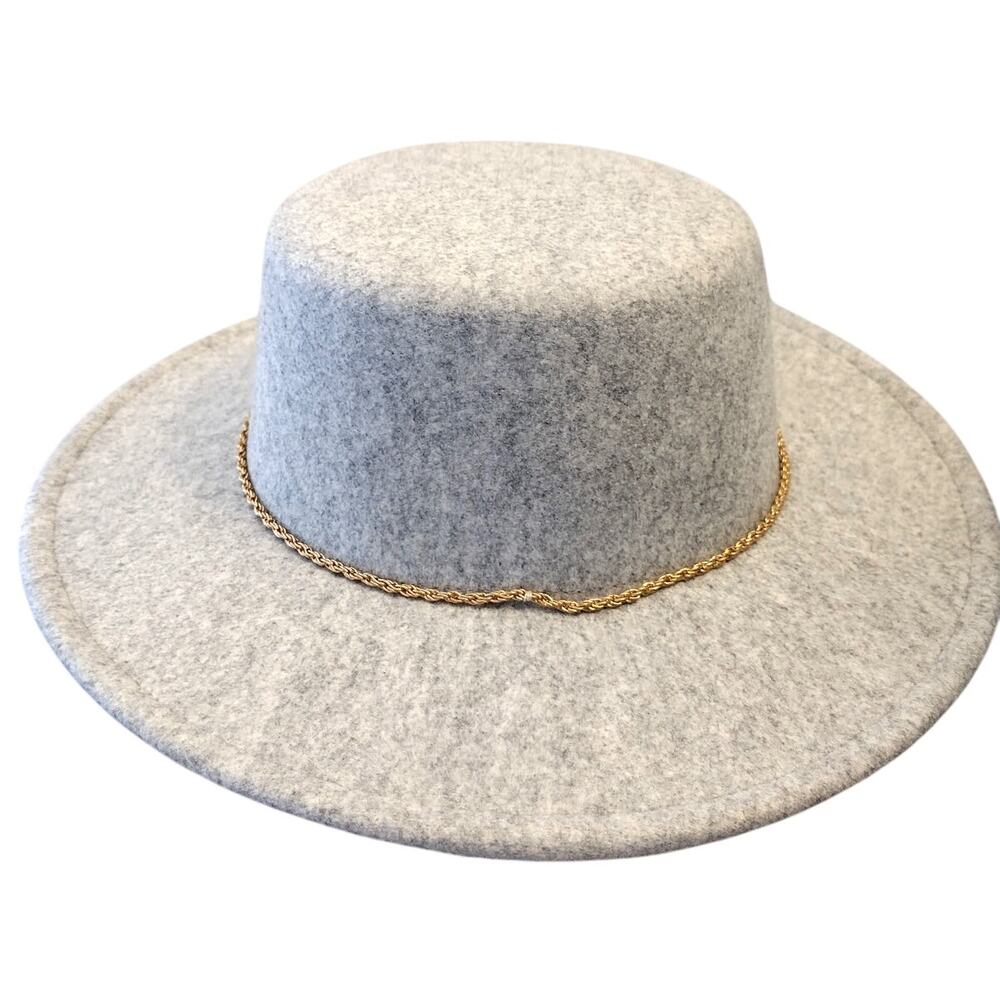 Francesca's NEW "Beth" Heather Gray Gold Chain Wool-Blend Wide-Brim Rancher Hat
